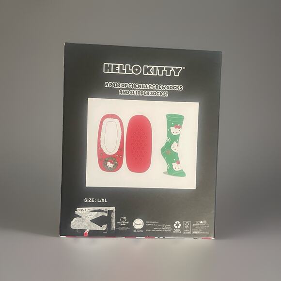 Hello Kitty Christmas Chenille Crew Socks And Slipper Socks Size L/XL New In Box - Picture 3 of 4